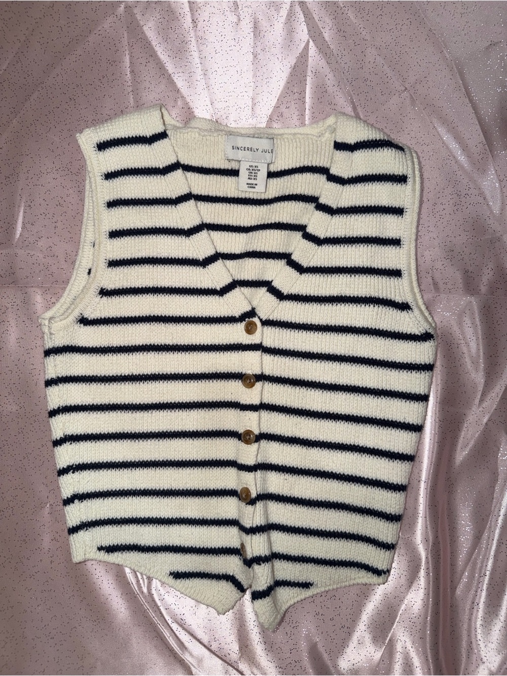 Sincerly Jules Cream and Navy Striped Knit Button Vest